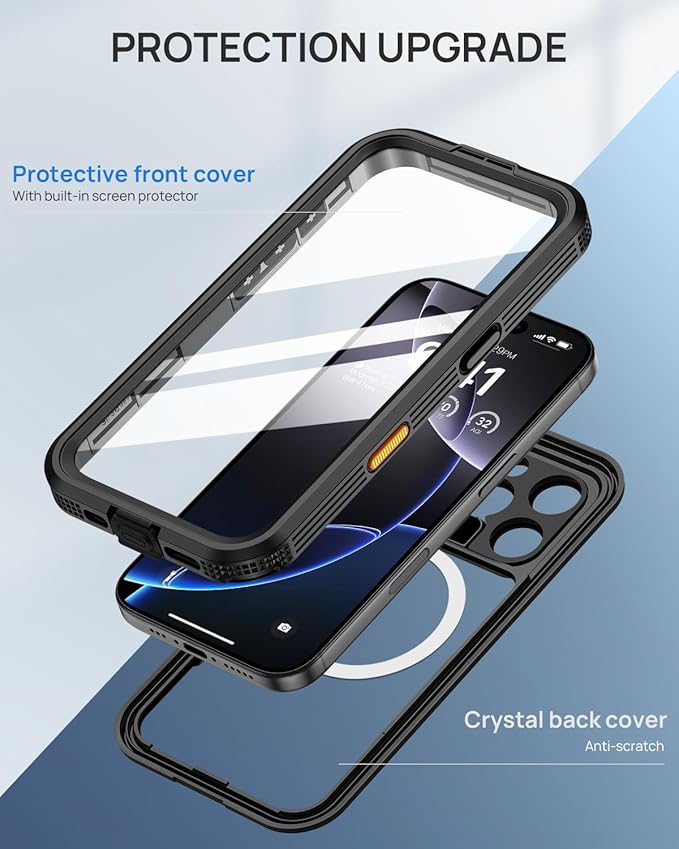Lanhiem Magnetic for iPhone 16 Pro Case, IP68 Waterproof Dustproof Case, [Compatible with Magsafe] [Built-in Screen Protector] Full Body Heavy Duty Rugged Phone Cover 6.3 inch, Black/Clear