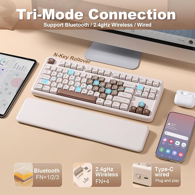 YUNZII B87 Wireless Mechanical Keyboard,QMK/VIA Programmable,TKL Layout 87 Keys,BT/2.4G/USB-C,Hot Swap Gasket Mount RGB Backlit Gaming with Wrist Rest for Win/Mac (Brown Heart, Cocoa Cream V2)
