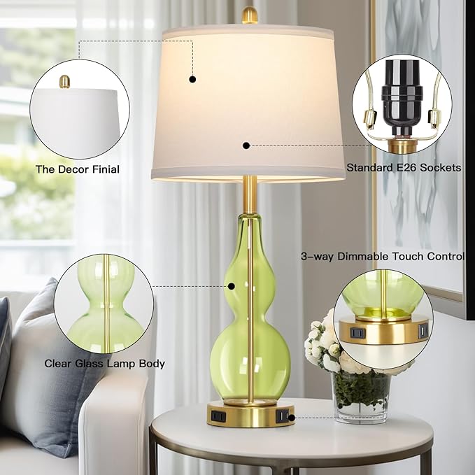Rinweey 27.5" Green Glass Double Gourd Table Lamp Set of 2,3-Way Dimmable Touch Control Bedside Lamps with USB Ports and AC Outlet, Nautical Nightstand Lamps for Bedroom Living Room
