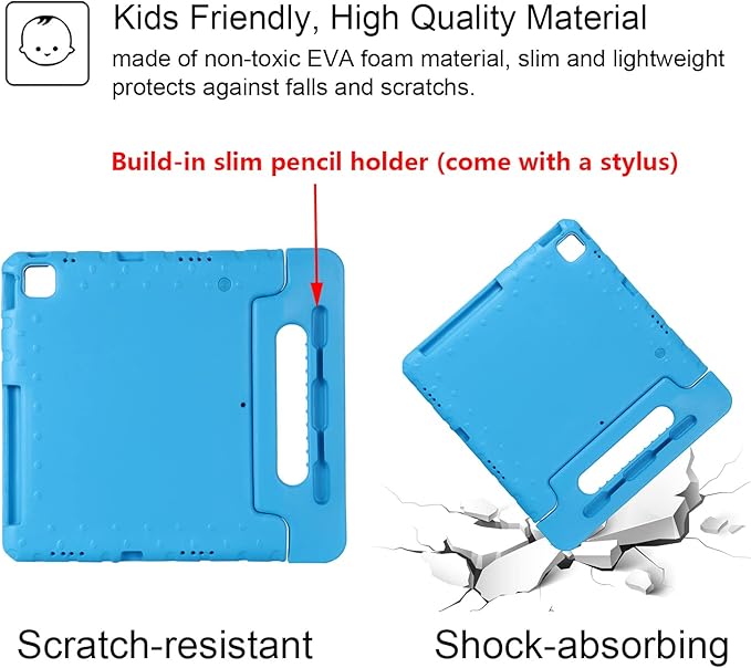 Kids Case for iPad Pro 12.9 inch 6th/5th/4th/3rd Generation 2022/2021/2020/2018 with Pencil Holder, Anti-Slip Handle Stand Lightweight Child Proof EVA Shockproof Rugged Kickstand Cover, Blue