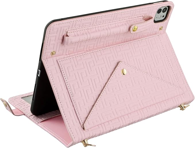 Handbag Case for iPad Pro 11" 2018-2022, iPad Air 11"/Air 4th 5th Gen, Techcircle Elegant Crossbody Folio Stand Wallet Case w/Pencil Holder, Card Slots, Hand Strap, Shoulder Strap, Baby Pink