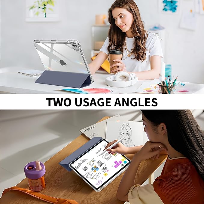 Clear Case for iPad Pro 12.9 inch 6th/5th/4th/3rd Gen with Pencil Holder [Support Pencil Charging] Auto Wake/Sleep, Lightweight Shockproof Trifold Stand Transparent Hard PC Back Cover, Purple-2