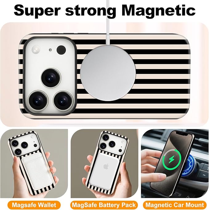 Magnetic for iPhone 17 Pro Max Case Cute Stripes Phone Case, Shockproof Slim TPU and Hard PC Protective Phone Cover Compatible with MagSafe Designed for Women Girls, Black and White