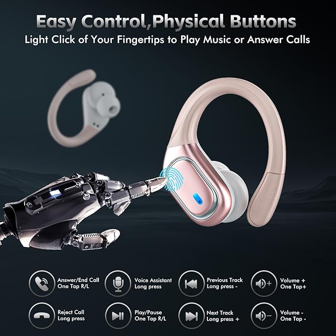 HAOYUYAN Wireless Earbuds Bluetooth 5.3 Headphones with 80H Playback, IPX7 Waterproof Over Ear Buds with LED Power Display for Sports Running Workouts（Champagne Gold）