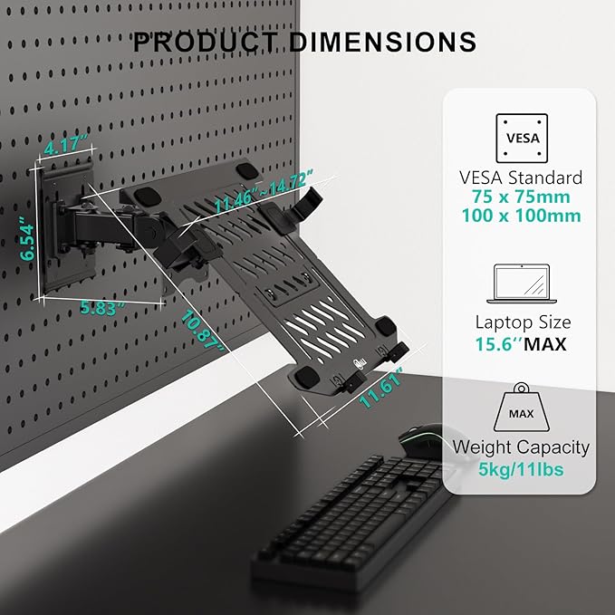 WALI Laptop Desk Mount for 15.6 inch Notebook, Adjustable Single Pegboard Mount with Laptop Holder, Laptops Stand with Ventilated Tray, Up to 11 Lbs, (PM00LP), Black
