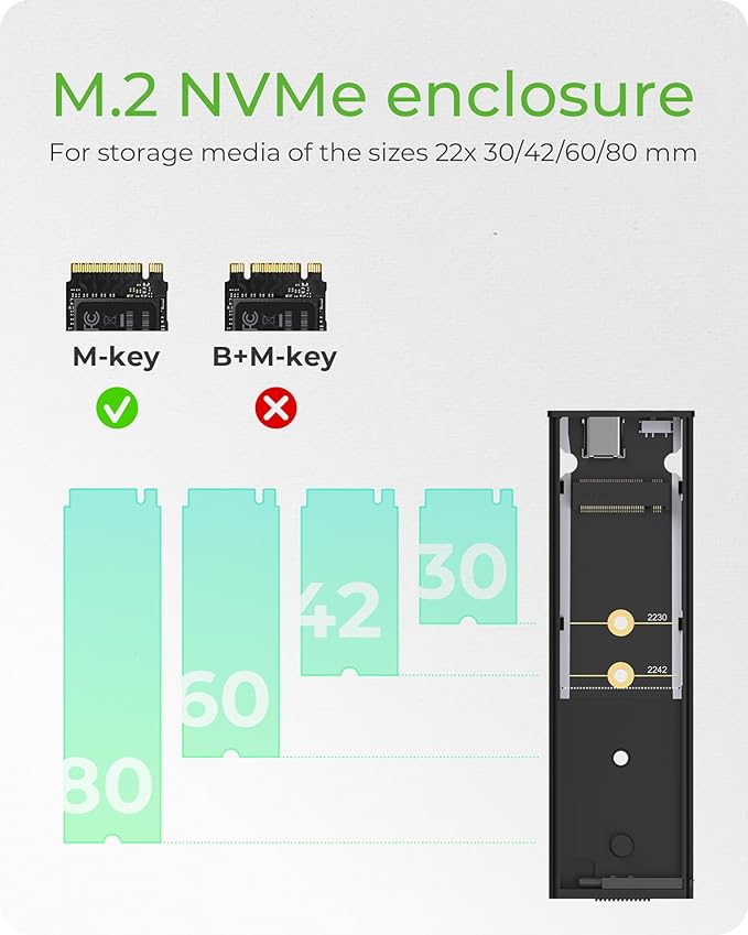 M.2 NVMe SSD Enclosure, USB 3.1 Gen 2 (10 Gbps) PCIe External Adapter, ICY BOX M Key NVMe Case/Adapter/Reader for Size 2230/2242 /2260/2280 SSDs, Aluminum Tool Free Enclosure