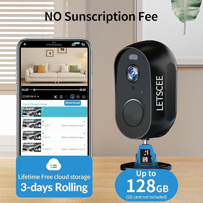 LETSCEE Cameras for Home Security Outdoor Indoor,Security Cameras Wireless Outdoor Battery Rechargeable WiFi,2K Night Vision, Motion Detection,No Month fee SD Card/Cloud Storage,Weather Proof