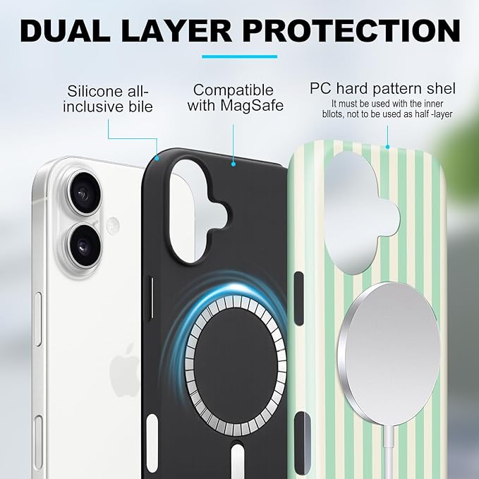Magnetic for iPhone 16 Case Cute Stripes Phone Case, Shockproof Slim TPU and Hard PC Protective Phone Cover Compatible with MagSafe Designed for Women Girls, Light Green