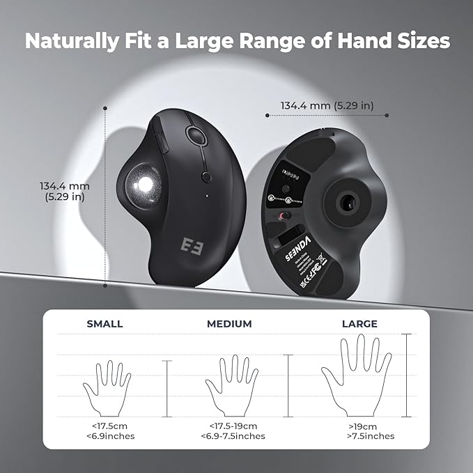 seenda Wireless Trackball Mouse, Ergonomic Bluetooth Rollerball Mouse Rechargeable, 3 Device Connection Optical Mice Adjustable DPI Thumb Control Mice Compatible for PC/Laptop/Windows/Mac - Black