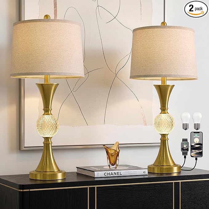 Oneach 28.5" Gold Table Lamps Set of 2, Tall Luxury Bedside Lamps with Night Light, USB A+C Charging Ports, Elegant Metal Nightstand Lamps for Bedroom Office End Table Decoration