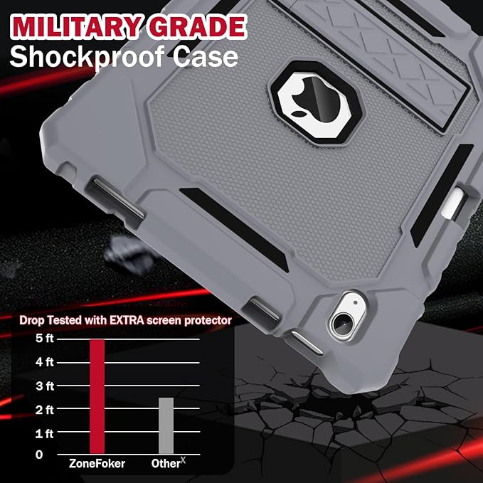 ZoneFoker Case for iPad (A16) 11th/10th Generation 11/10.9 inch 2025/2022, Heavy Duty Military Grade Shockproof Rugged Cover with Pencil Holder/Stand for i Pad 11th / 10 th Gen (Gray+Black)