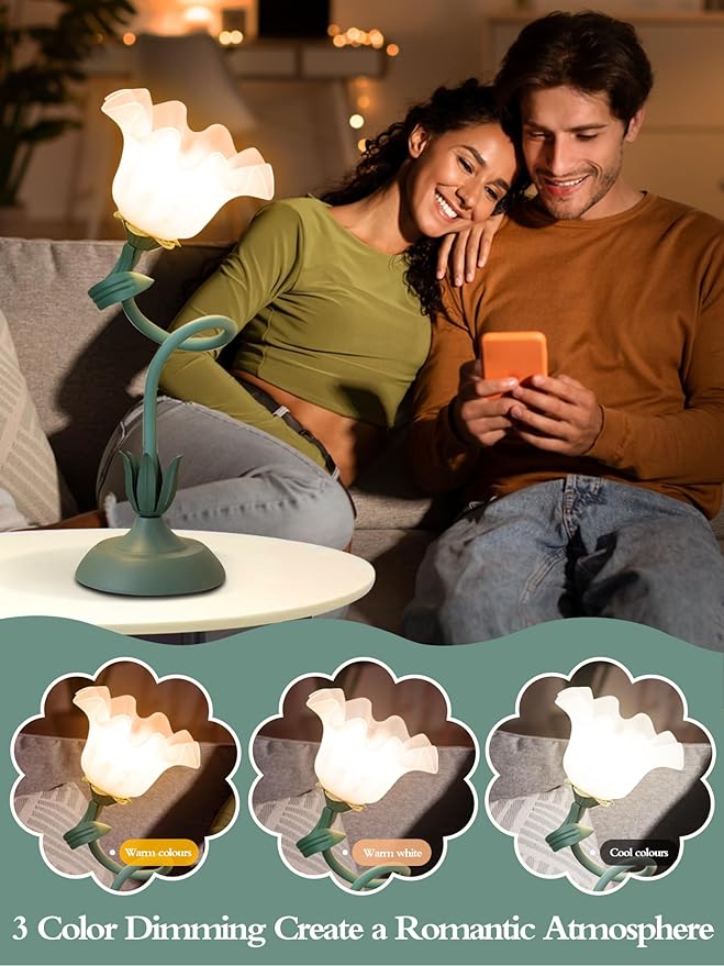 AQDZCNF Flower Table Lamp,LED Reading Light Bedside Vintage Flower Night Light,3 Colors Modes Kawaii Bedside Lamps Decor,Living Room Bedroom Room Lighting Table Lamps Home Decoration (Green)