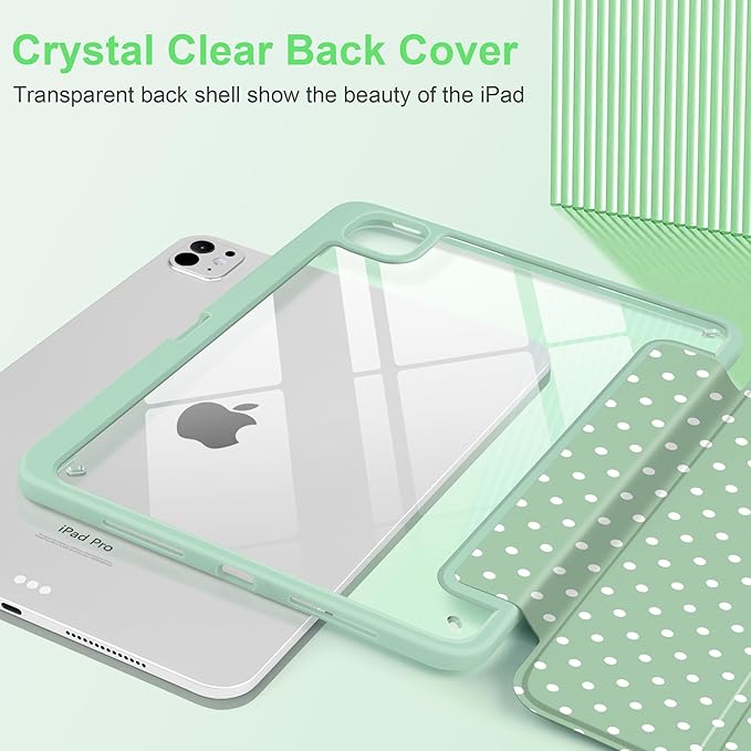 Case for iPad Pro 11 Inch (M5 2025 M4 2024) – [Built-in Pencil Holder], Shockproof & Stylish, Clear Hard Back + Soft TPU Edge, Magnetic Trifold Stand, Auto Wake/Sleep, Green White dot