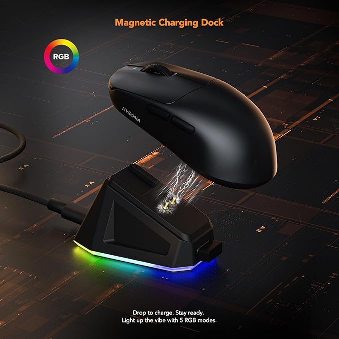 KYSONA Wireless Gaming Mouse with Charging Dock，Lightweight 42g, 24000 DPI, Wired/Bluetooth/2.4G Optical Mice, Long Battery Life, Compatible with PC/Mac - Black
