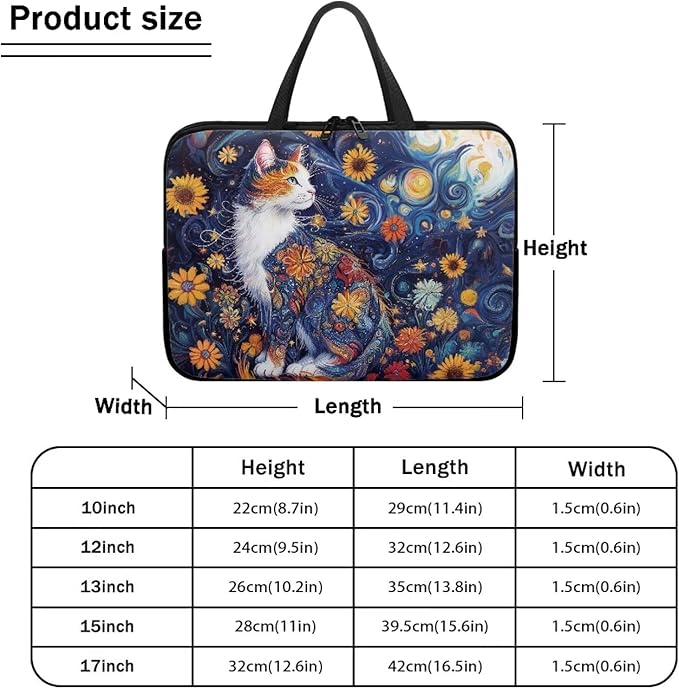 Starry Night Laptop Sleeve 12 Inch Laptop Protective Case Cute Cat Floral Computer Sleeve Neoprene Protective for 10-17 Inch Computer, Notebook, Chromebook, Tablet Bag