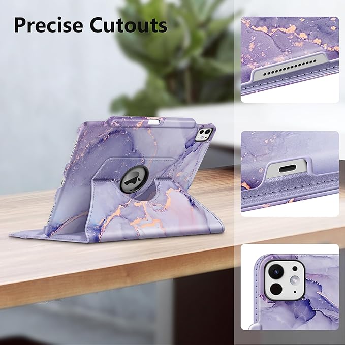 Fintie Rotating Case for iPad Pro 13-inch (M5) 2025 / (M4) 2024 with Pencil Holder - 360 Degree Swiveling Protective Stand Cover with Auto Wake/Sleep, Lilac Marble