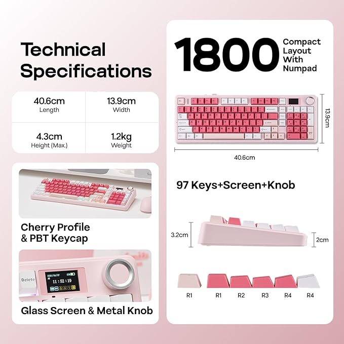 EPOMAKER Aula F99 MAX Wireless Mechanical Keyboard, Smart Screen & Knob, 8000mAh, 2.4Ghz/BT Creamy Keyboard, Pre-Lubed Switch, Hot-Swappable, RGB Backlit, Custom Software (Pink)