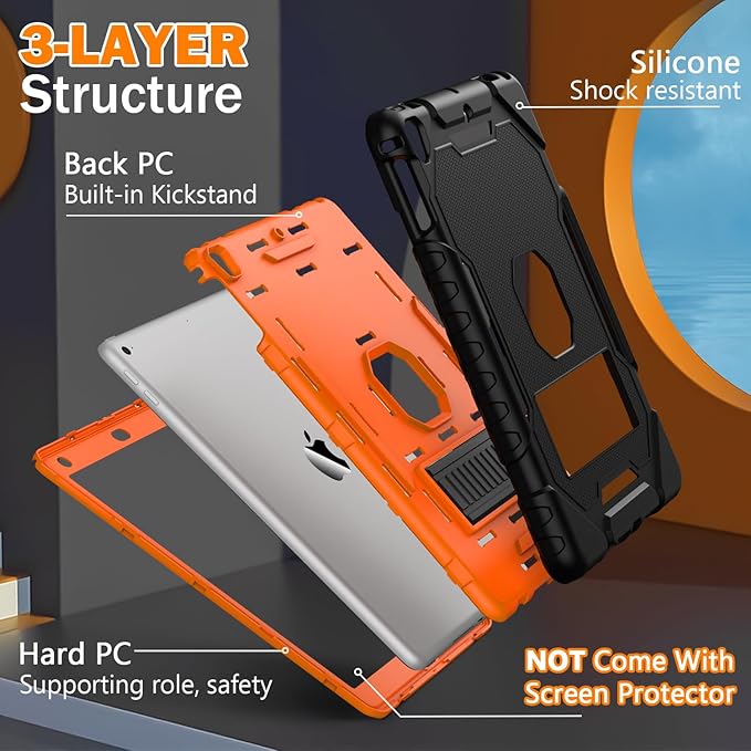 ZoneFoker 9.7" Case for iPad 6th/5th Generation 2018/2017, for iPad Air 2 / Air 1st / Pro 9.7, Heavy Duty Shockproof Protective 9.7 Inch Cover with Built-in Stand for i Pad 6 5 Gen(Black+Orange)