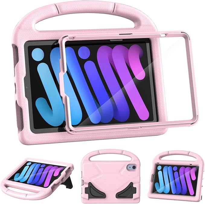 Kids Case for iPad mini 7 (A17 Pro) 2024/ Mini 6 2021, iPad mini 7th/6th Generation Case with Screen Protector - Shockproof with Handle Stand Protective Cover for iPad 8.3 Inch, Light Pink