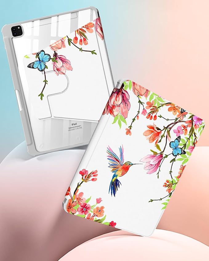 Uppuppy for iPad Pro 12.9 Case Folio Cover with Pencil Holder Kids Girls Women Cute Pretty Flower Girly Birds Colorful Design Rotating Stand for Apple iPad Pro 12.9 Inch Cases 2022/2021/2020/2018