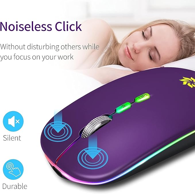 KBCASE Wireless Mouse, LED Wireless Mouse for Laptop, Slim Silent Mouse 2.4G Rechargeable Wireless Computer Mouse for Laptop, MacBook, iPad, Chromebook, with USB & Type-c Receiver
