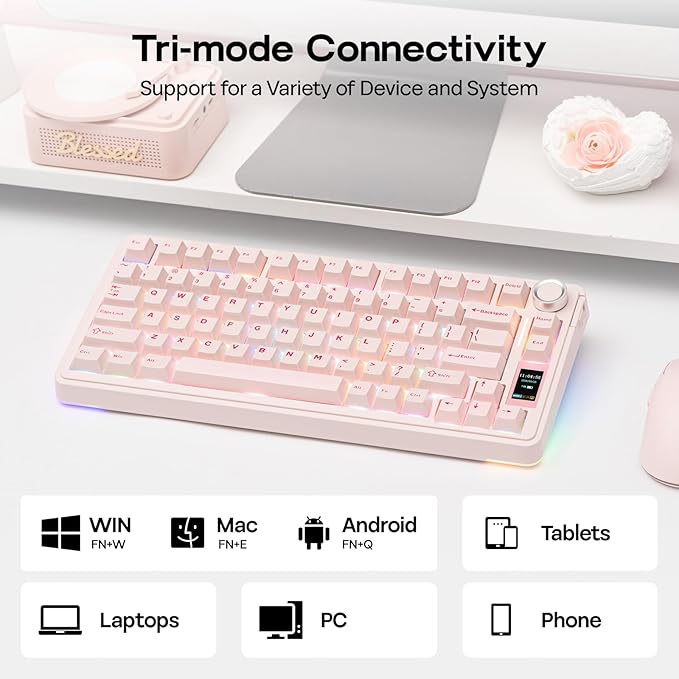 EPOMAKER X Aula EA75 MAX Wireless Gaming Keyboard with Screen & Knob, 5000mAh, Hot-Swap, Lubed Switches, RGB Backlit, Creamy Gasket, 75% Mechanical Keyboard (Pink, Silent Cotton Candy Switch)