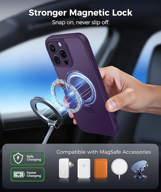 FNTCASE for iPhone 15 Pro-Max Case: [360 Spin Magnetic Stand] [Compatible with Magsafe] [Screen Protector] Translucent Matte Military Grade Shockproof Full Camera Protective Phone Cover - Purple