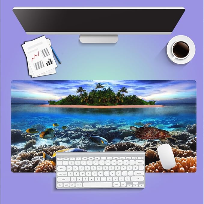 Large Gaming Mouse Pad (31.5" x 15.8") - Tropical Island Underwater Paradise Marine Life Sea Turtle A Coral Reef Adventure, Extra XXL Office Accessories, Premium Stitched Anti-Slip Desk Mat