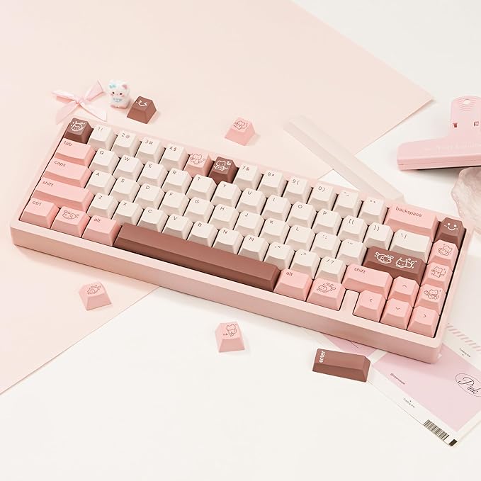 Marshmallow Theme PBT Keycaps 134 Keys - Five-Sided Dye-Sublimation Cherry Profile Keycap, Custom Cute Cat keycaps for Cherry MX Mechanical Keyboards 60% 75% 100% (Pink)