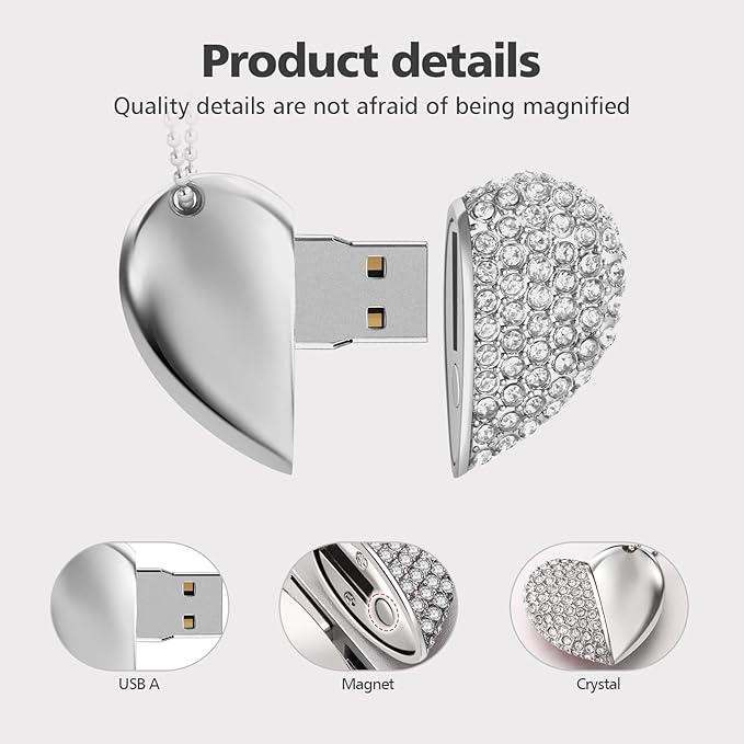 USB 2.0 Flash Drive,Cute Romantic Heart Shape USB Memory Stick,Thumb Drive for Photos, Music, Files Storage (Silver, 64, GB)