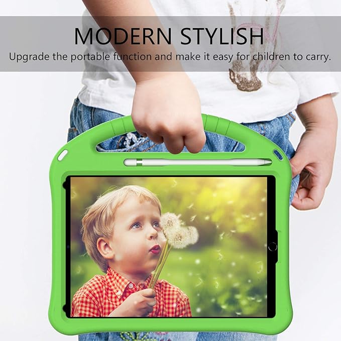 Kids Case for iPad 10.2/10.5, iPad 7th 8th 9th Gen/iPad Air 3rd Gen/Pro 10.5 Case, Techcircle Lightweight Shockproof EVA Foam Rugged Handle Stand Anti-Slip Grip Protective Case w/Pencil Holder, Green