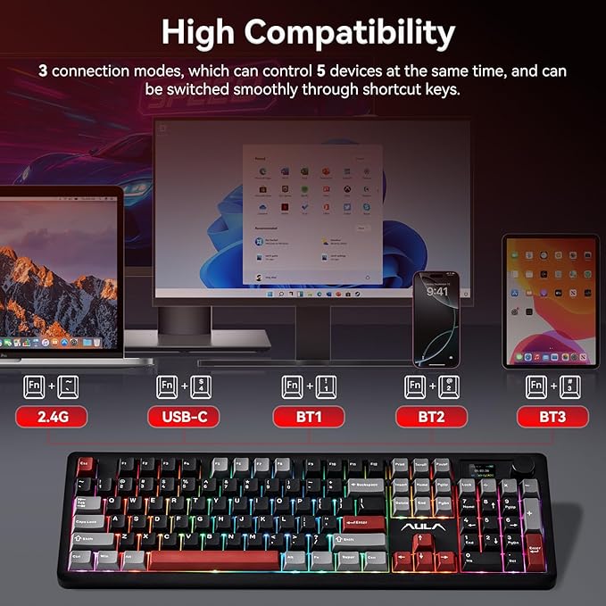 AULA F106 PRO Wireless Mechanical Keyboard, 104 Keys Gaming Keyboard with Knob & Screen, Tri-Mode RGB Hot Swappable Creamy Sounding Computer Keyboards for PC/Laptop/Windows - Black Red