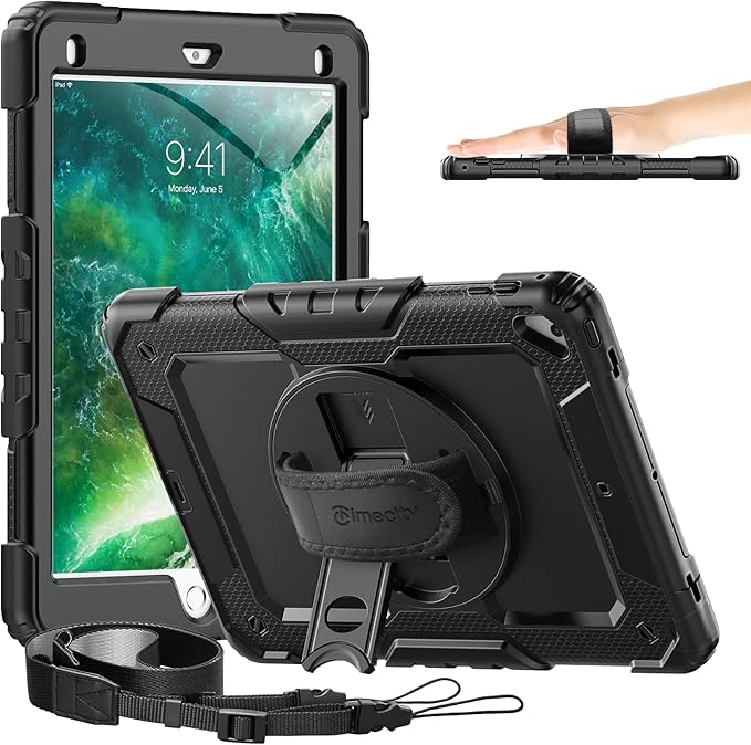 Timecity for iPad 6th/5th Generation Case, for iPad 9.7 inch Case 2018/2017 with Screen Protector, 360 Rotating Stand/Hand Strap, Full-Body Protective Case for iPad 6th/5th Gen/Air 2/ Pro 9.7''-Black