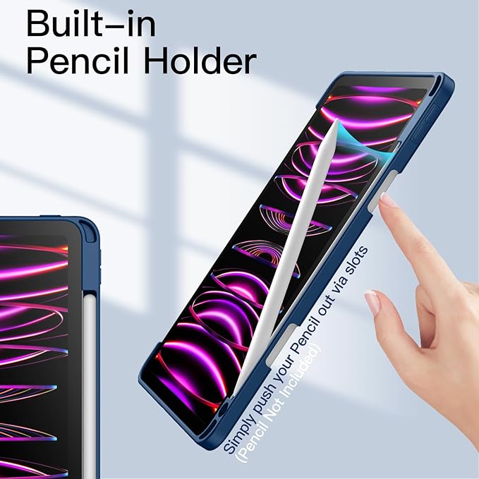 JETech Case ONLY for iPad Pro 11 Inch (2022/2021/2020/2018) with Pencil Holder, Clear Transparent Back Shell Slim Stand Shockproof Tablet Cover, Auto Wake/Sleep (Navy)
