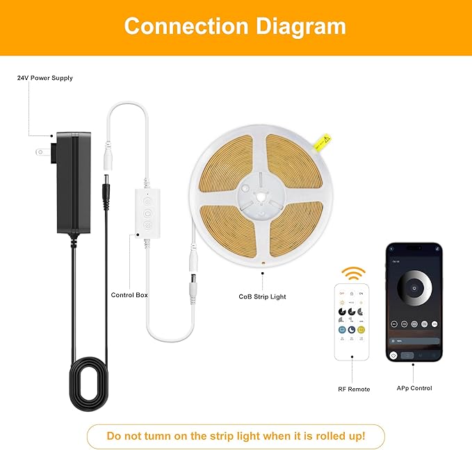 Pandery COB LED Strip Lights Warm White,24V Dimmable led Light Strip KIT with Remote and app Control,3000K 25FT/7.5m 8mm Wide Ra>90 Cuttable Flexible Strip Lights for Bedroom,Wardrobe,Cabinet