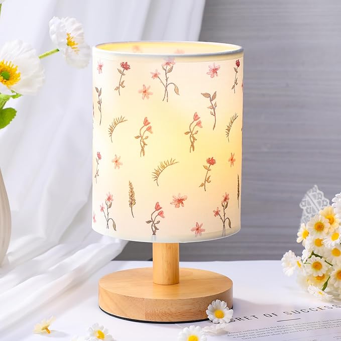 VIHOSE Boho Floral Bedside Table Lamp Vintage Nightstand Lamp with Linen Fabric Shade Solid Wood Base Decoration for Kids Living Room Bedroom Desk Dorm