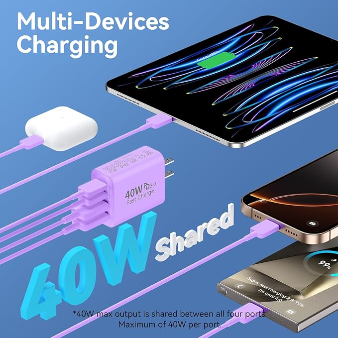 USB C Wall Charger Block, 2Pack 40W 4-Port C Charger Fast Charging Block PD Power Adapter +QC 3.0 USB A Wall Plug Multiport Type C Box Cube for i Phone 15/14/13/12/11 Pro Max,pad, Galaxy,Purple