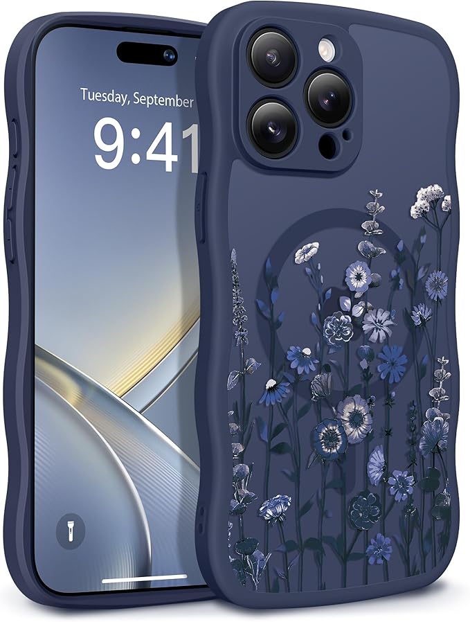GVIEWIN for iPhone 15 Pro Case Compatible with MagSafe [Curly Wave Edge][Full Camera Protection] Floral Translucent Shockproof Magnetic Women Phone Case for iPhone 15 Pro 6.1'', Floratopia/Blue