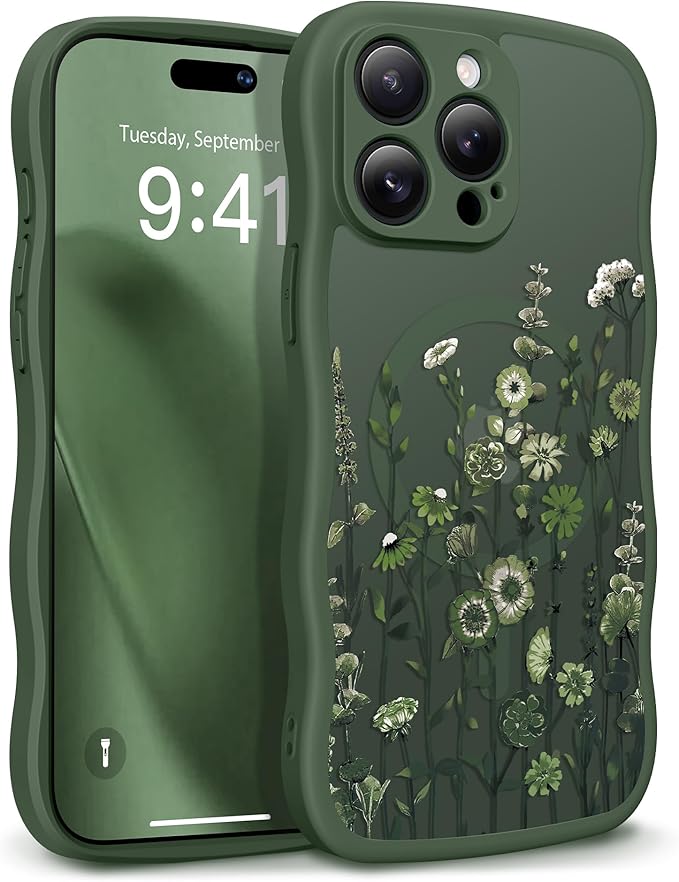 GVIEWIN for iPhone 15 Pro Case Compatible with MagSafe [Curly Wave Edge][Full Camera Protection] Floral Translucent Shockproof Magnetic Women Phone Case for iPhone 15 Pro 6.1'',Floratopia/Forest Green