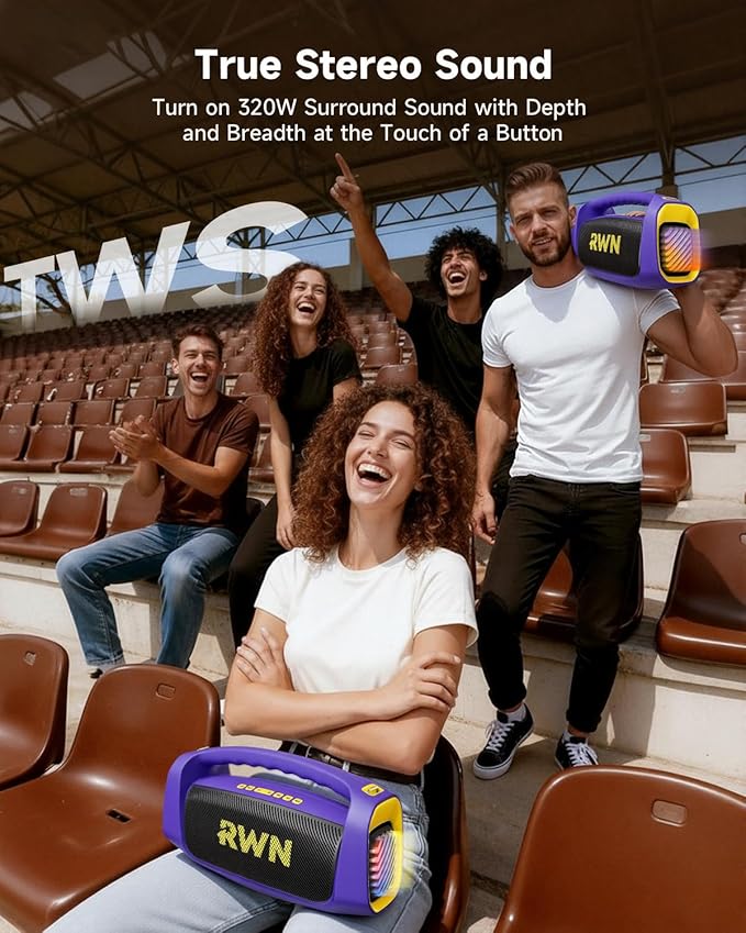 RWN Outdoor Bluetooth Speaker: 160W Loud Sound, IP67 Waterproof with 24H Playtime, Fast Charge, Bass, TWS, Portable Wireless Speakers with Light Show for House, Party, Projector, Beach (PURPLE+YELLOW)
