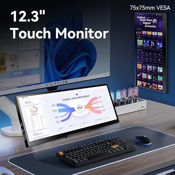 12.3 Portable Touchscreen Monitor,1920*720 IPS Mini Touch Screen,Travel Display with Foldablestand & Speaker, HDMI USBC CNC External Monitor for Laptop Phone Aida64 GPU CPU RAM Monitoring, VESA