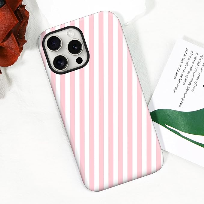 Magnetic for iPhone 15 Pro Case Cute Diagonal Stripes Phone Case, Shockproof Slim TPU and Hard PC Protective Phone Cover Compatible with MagSafe Designed for Women Girls,Pink