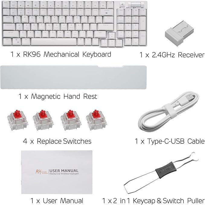 RK ROYAL KLUDGE RK96 90% Triple Mode BT5.0/2.4G/USB-C Hot Swappable Mechanical Keyboard with Magnetic Wrist Rest, 96 Keys Wireless Gaming Keyboard with Software, Blue Backlight