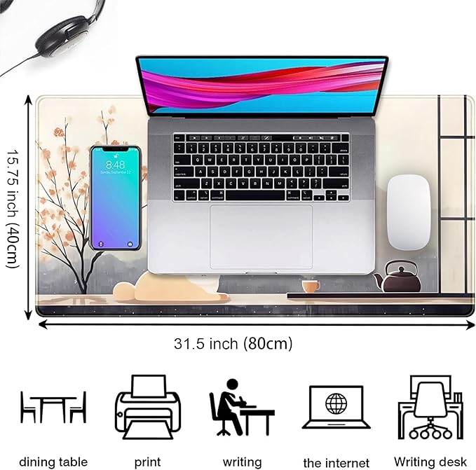 Japan Zen Desk Pad Extended Mouse Mat Cute Shiba Desk Mat, Large Anime Gaming Mouse Pad Full Desktop Keyboard Mat, Kawaii Computer Mat XXL, Japanese-Style Desk Decor for Office Home 31.5x15.7 Inch