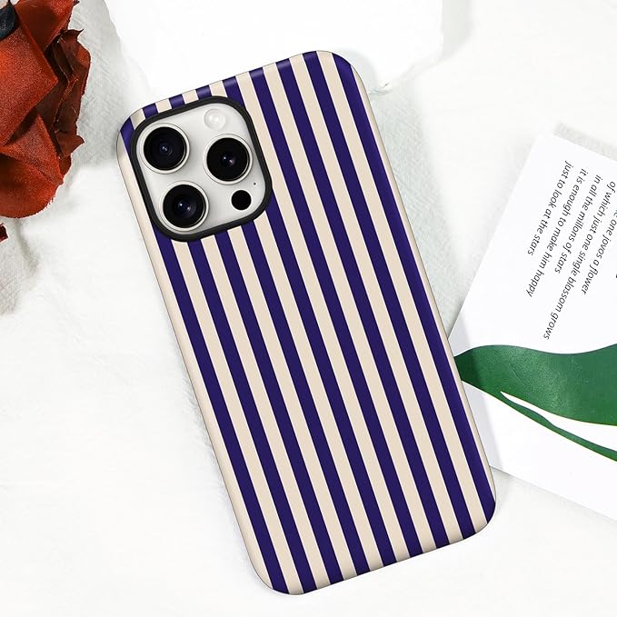 Magnetic for iPhone 15 Case Cute Stripes Phone Case, Shockproof Slim TPU and Hard PC Protective Phone Cover Compatible with MagSafe Designed for Women Girls, Deep Purple