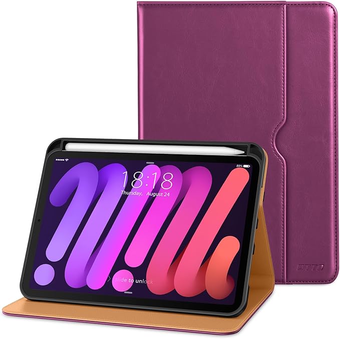 DTTO for iPad mini 7th (A17 Pro) 2024/iPad Mini 6th Generation Case 2021 8.3 Inch, Premium Leather Business Folio Stand Cover for Mini 7/6 with Pencil Holder-Multiple Viewing Angles, Purple