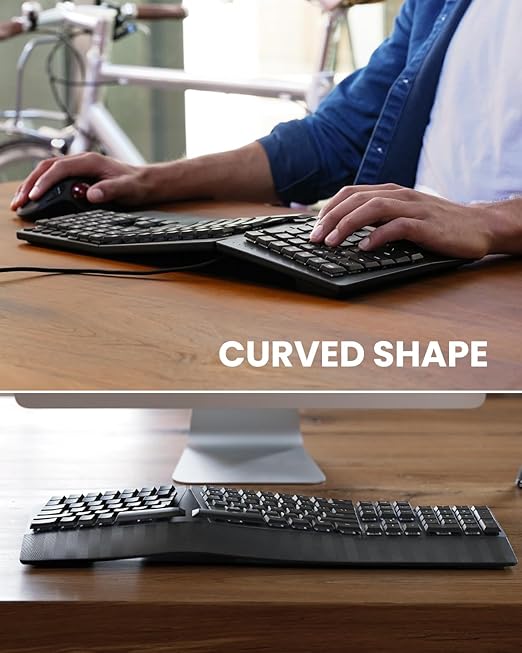 Perixx PERIBOARD-535BL [Firmware Updated] Wired Ergonomic Mechanical Keyboard - Full-Size - Low-Profile Blue Clicky Switches - Compatible with Windows and macOS