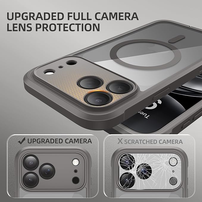 BERFY for iPhone 17 Pro Max Case, Compatible with MagSafe, Built-in Glass Screen Protector, Camera Protection, Shockproof Full Body Phone case 6.9", Clear Grey