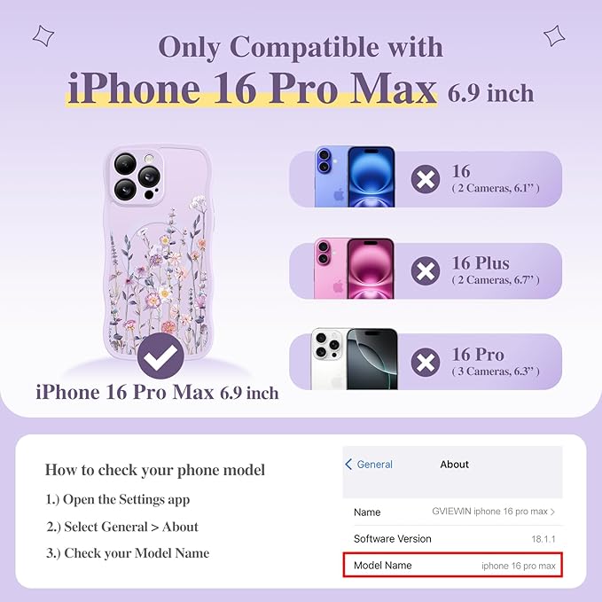 GVIEWIN for iPhone 16 Pro Max Case Compatible with MagSafe [Curly Wave Edge][Full Camera Protection] Floral Translucent Shockproof Magnetic Women Phone Case for 16 Pro Max, Floratopia/Purple