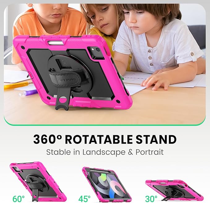 SEYMAC Case for iPad Air 5th/ 4th Generation 10.9 Inch, Full-Body Shockproof Protective Case with Screen Protector, Rotating Stand/Handle/Shoulder Strap for iPad Air 5/ Air 4, Black/Pink